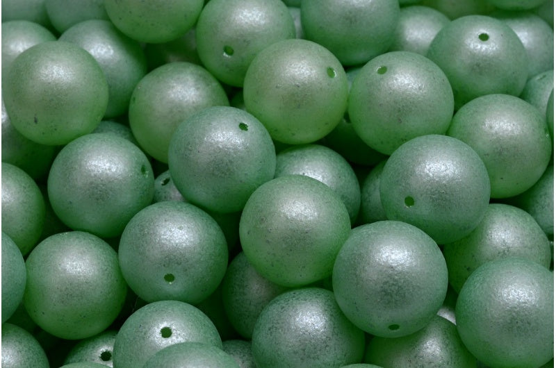 Round Druck Beads, White Green Pearl (02010-70454), Glass, Czech Republic