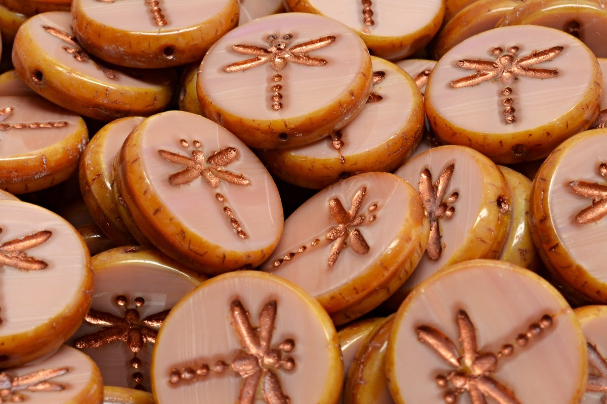 Table Cut Dragonfly Beads, Opaque Pink Travertin Copper Lined (74020-86800-54319), Glass, Czech Republic