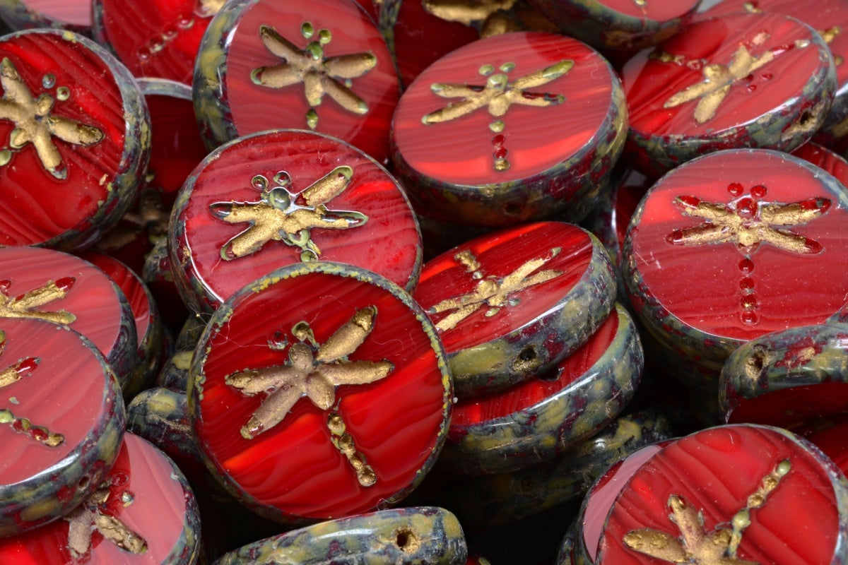 Table Cut Dragonfly Beads, Opal Red Travertin Gold Lined (91260-86800-54302), Glass, Czech Republic