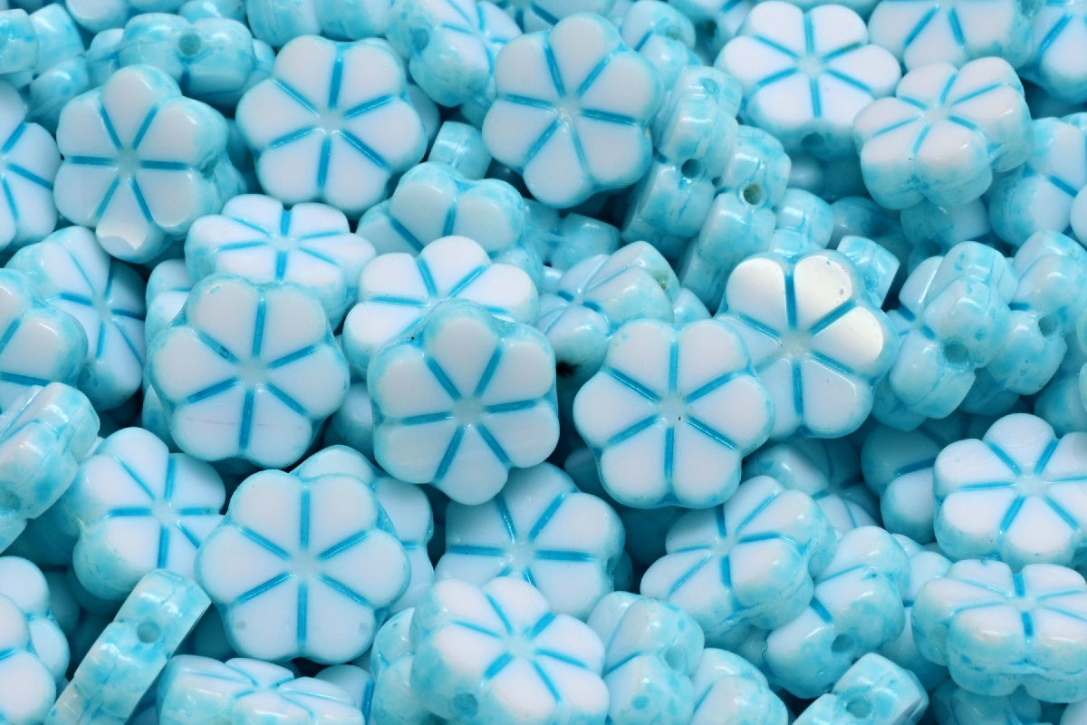 OUTLET 10 grams Table Cut Garland Flower Beads, 10 x 10 mm, White Opal Light Aqua Blue (02020-34308), Glass, Czech Republic