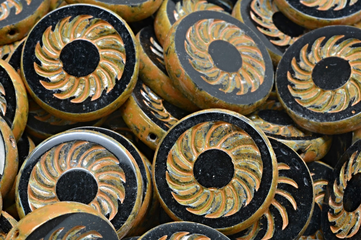 OUTLET 10 grams Tcb Round Turbine Beads, Black Travertin Orange Spotted (23980-86800-33302), Glass, Czech Republic