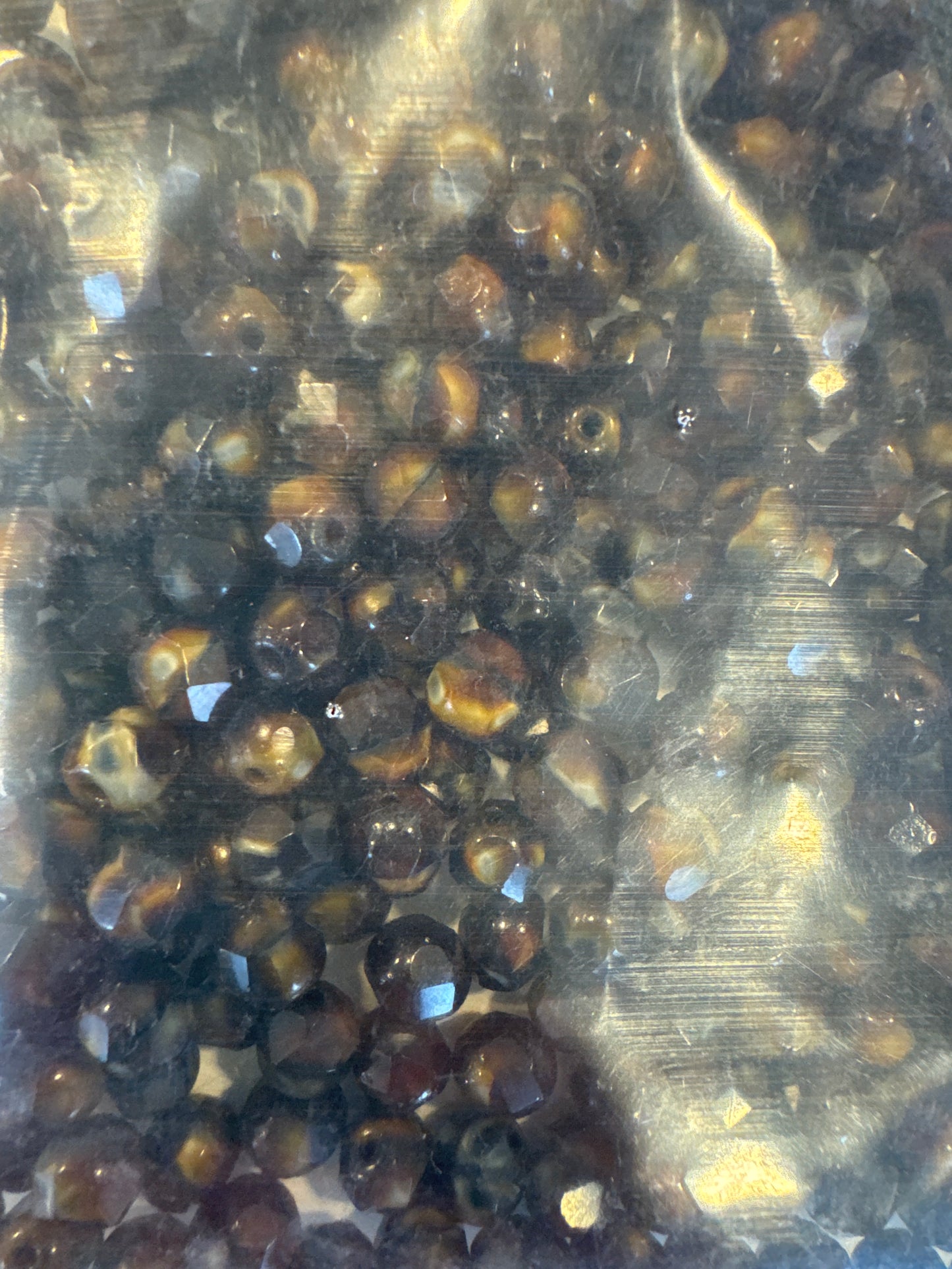 OUTLET 250g Round Faceted Fire Polished Beads, Striped Dark Brown (26117), Glass, Czech Republic