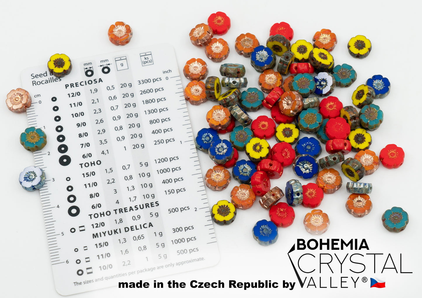 Table Cut Round Beads Hawaii Flowers, Color MIX, Glass, Czech Republic