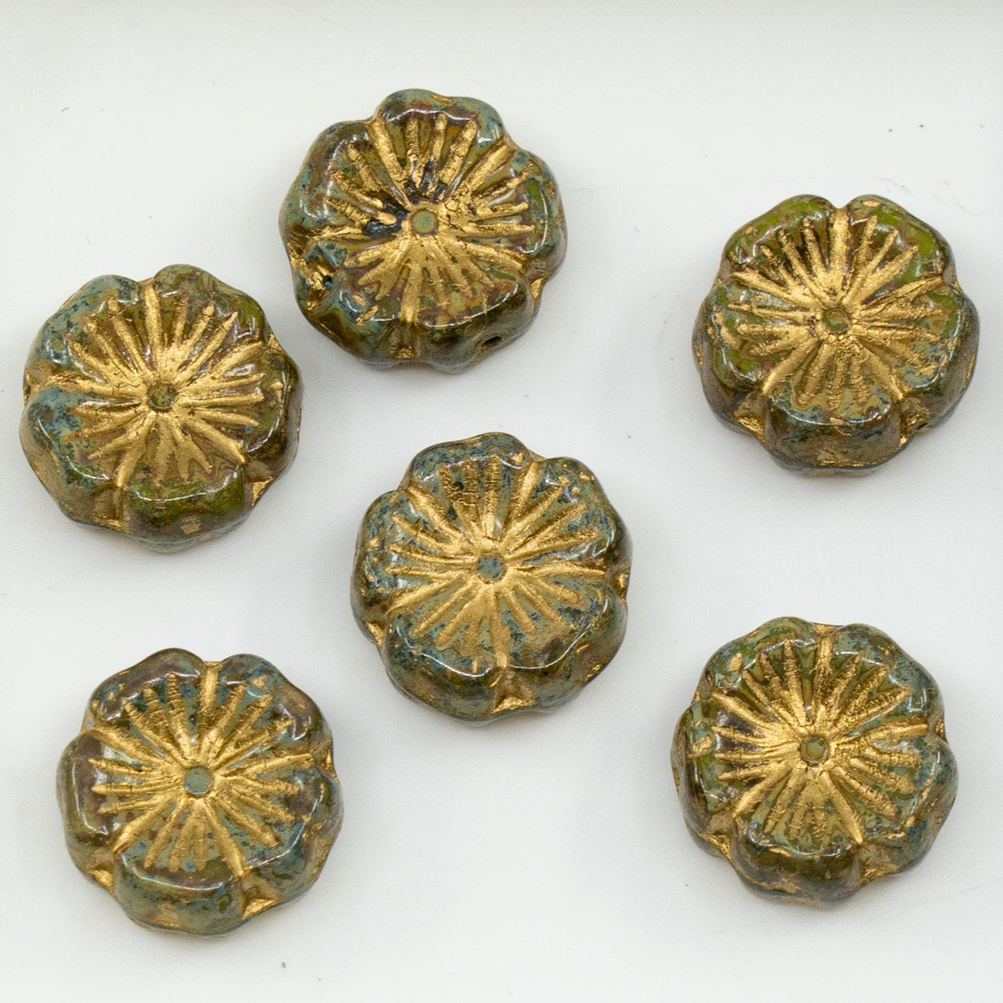 OUTLET 10 grams Hawaiian Flower Beads, 14 x 14 mm, Travertin Gold Lined (86800-54302), Glass, Czech Republic