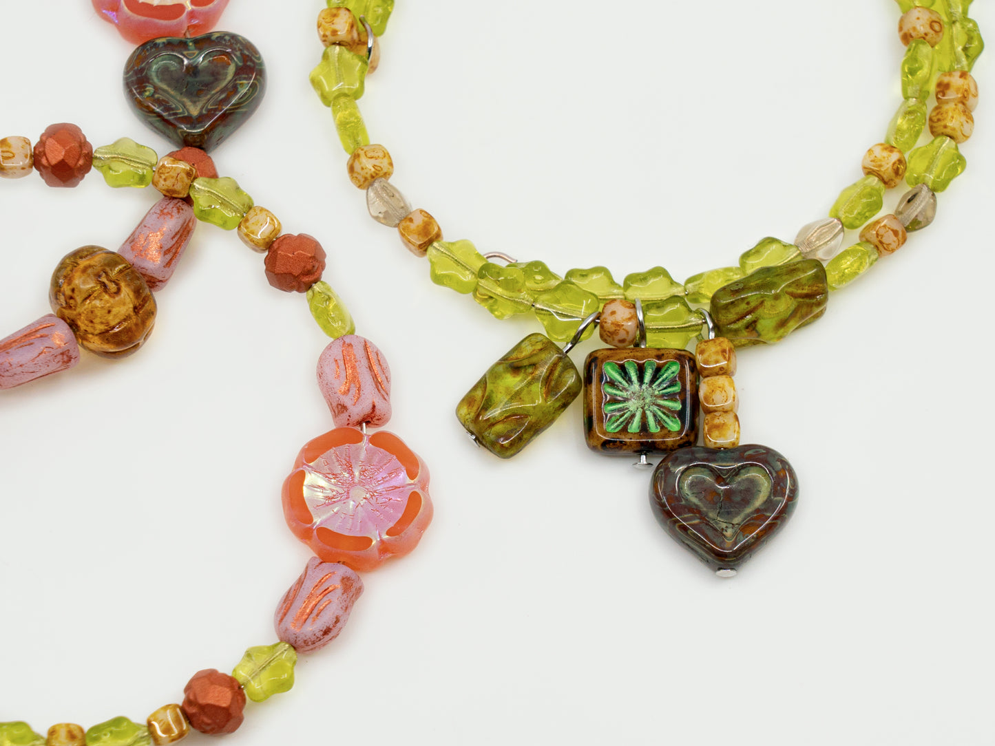 LIMITED Mix of Czech Glass Beads, Hand Made Set Kit, Green Star Beads Pink Table Cut Hawaii Flower Beads