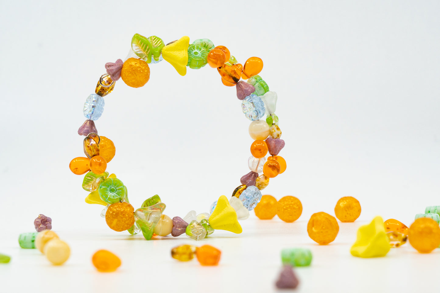 LIMITED Mix of Czech Glass Beads, Hand Made Set Kit, Green Leaves Beads Yellow Petunia Orange