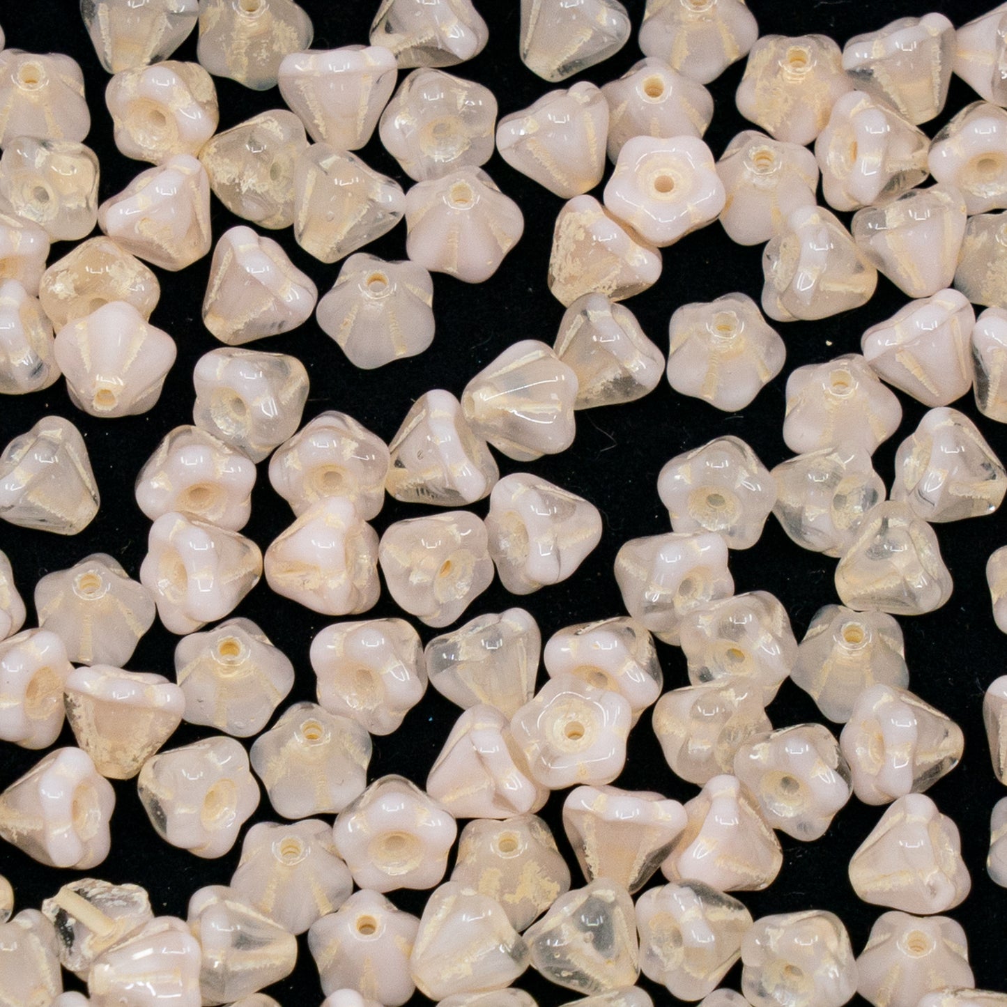 OUTLET 250g/50g Bell Flower Beads, 4 x 6 mm, Light Silk Pink Yellow Lined (R0742-54312), Glass, Czech Republic