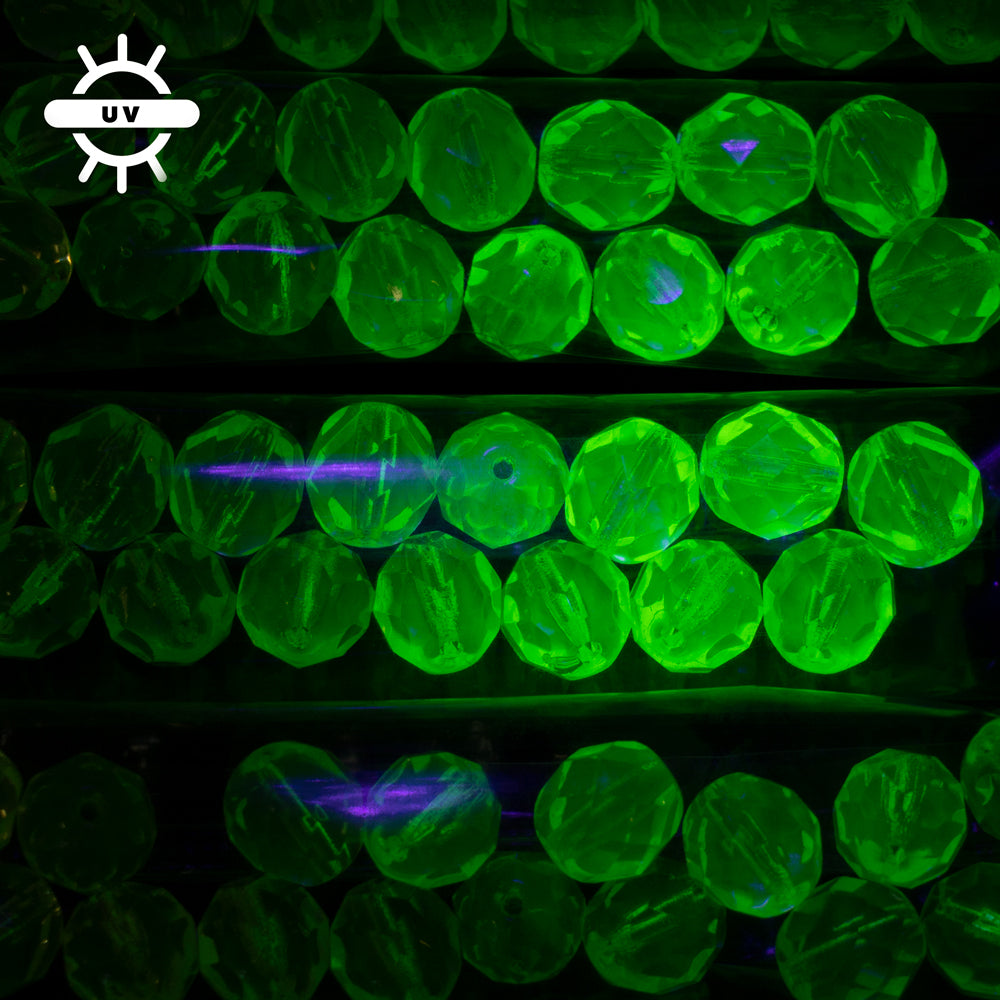 Bohemian Crystal Glass Beads, Faceted Fire Polished Round, Fluorescent Uranium Yellow-Green 80130