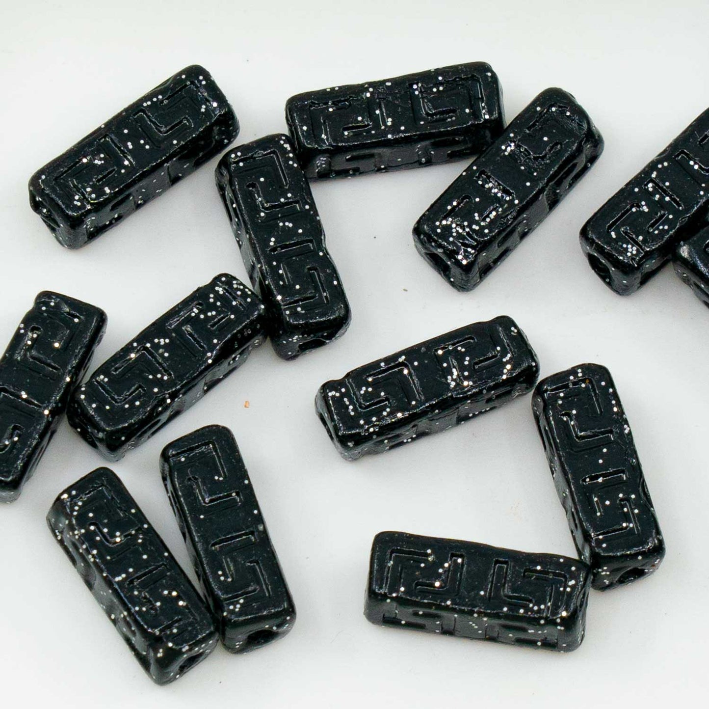 OUTLET 10 grams Celtic Block Beads, 15 x 5 mm, Black Glitter (23980-glitter), Glass, Czech Republic