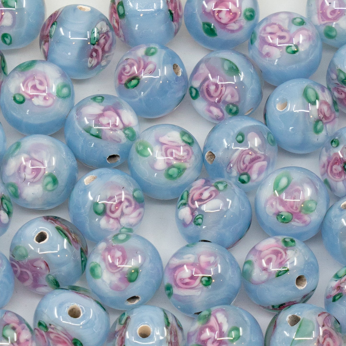 Lampwork HandMade Beads, Blue with Flower, Glass, Czech Republic
