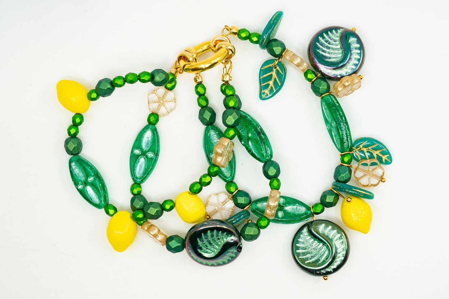 Focal Czech Glass Bead Mix with Lemon Shaped Beads, Seashel Beads and Leaf Beads, Emerald