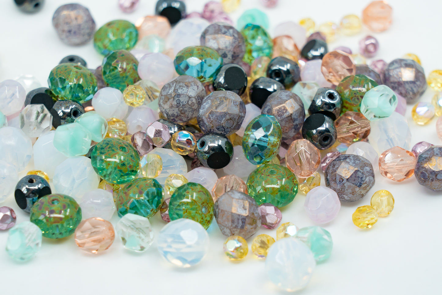 Gentle Mix of Faceted Fire Polished Czech Glass Beads (Round, Rondelle etc) 4-10mm, Light Pink Teal Yellow Opal