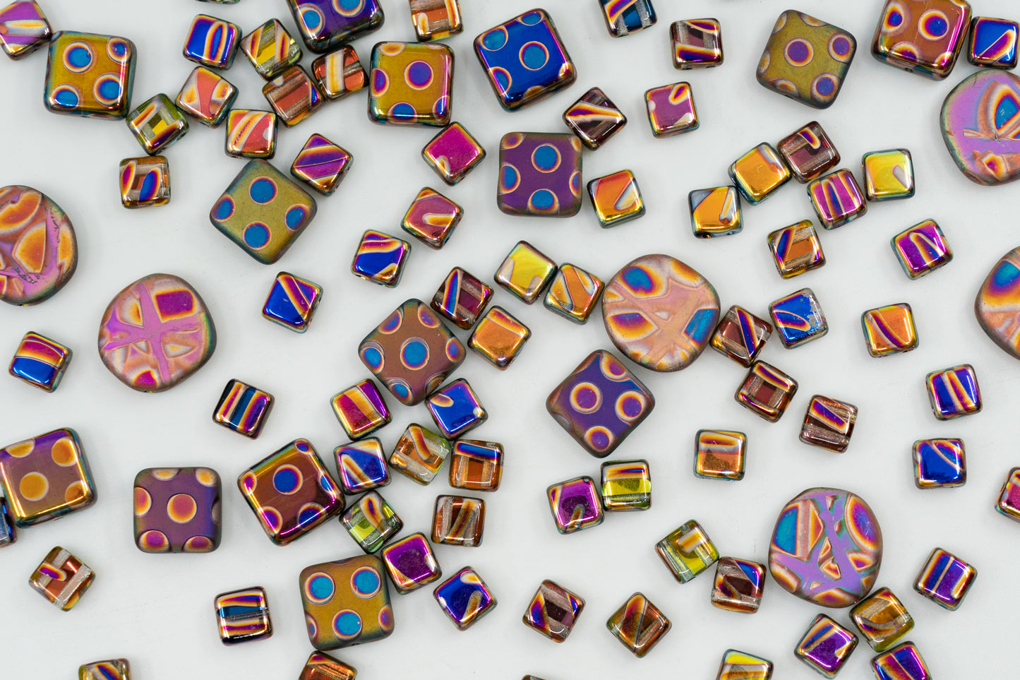 独特的捷克波西米亚玻璃压珠混合,紫粉色 Vitrail Sliperit,图案、哑光和光泽,FAN-01