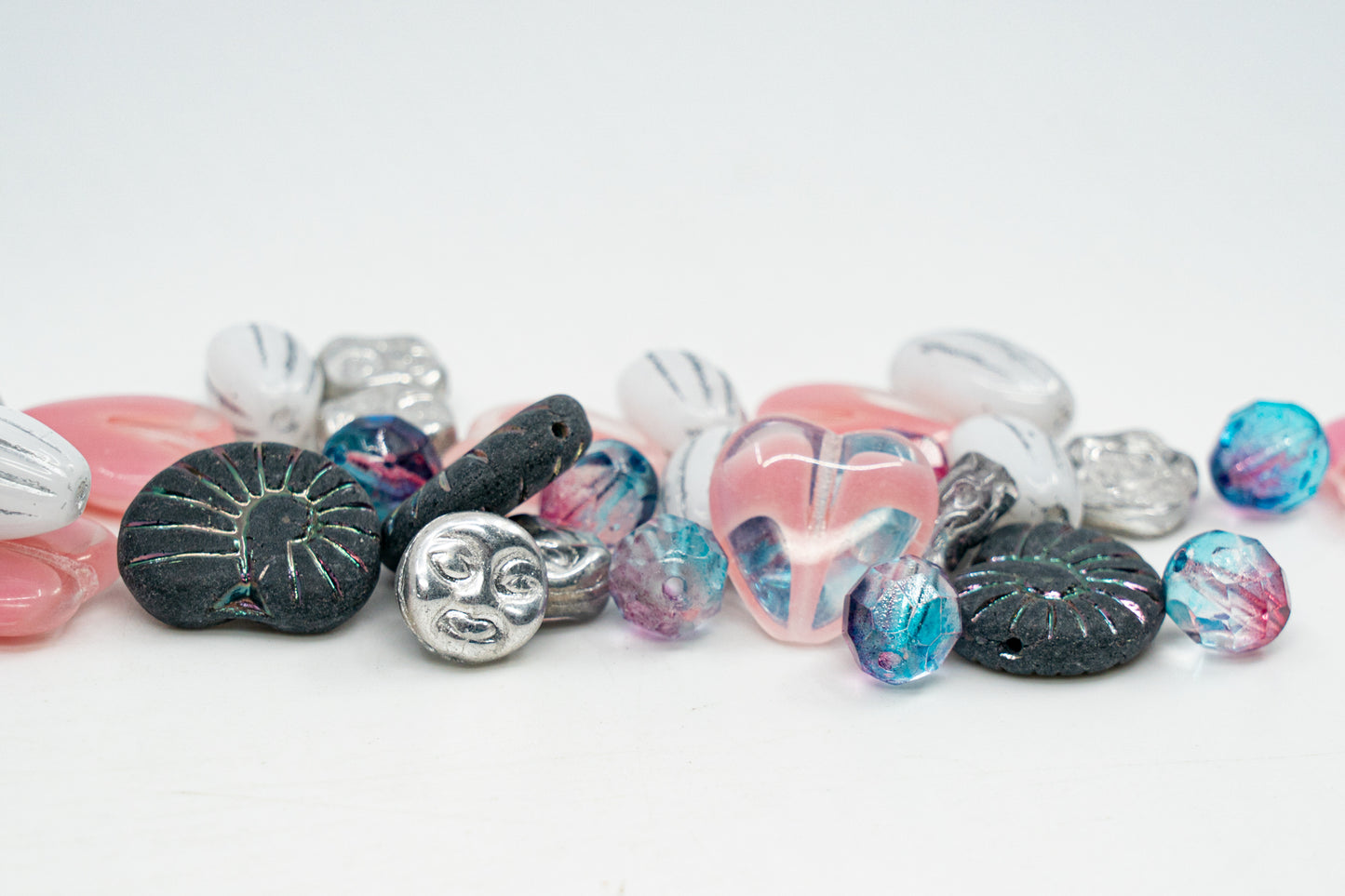 限定 チェコガラスビーズ(大) ムーンフェイス、オーバルメロン、貝殻のミックス、ハンドメイドセットキット、シルバームーンフェイス