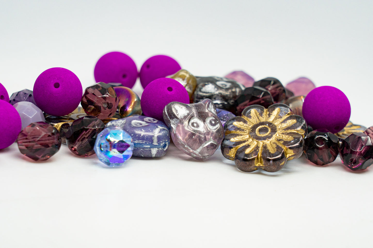 LIMITED Mix of Large Czech Glass Beads, Cat Heads, Daisy Flower and Faceted Beads, Hand Made Set Kit, Purple Cats