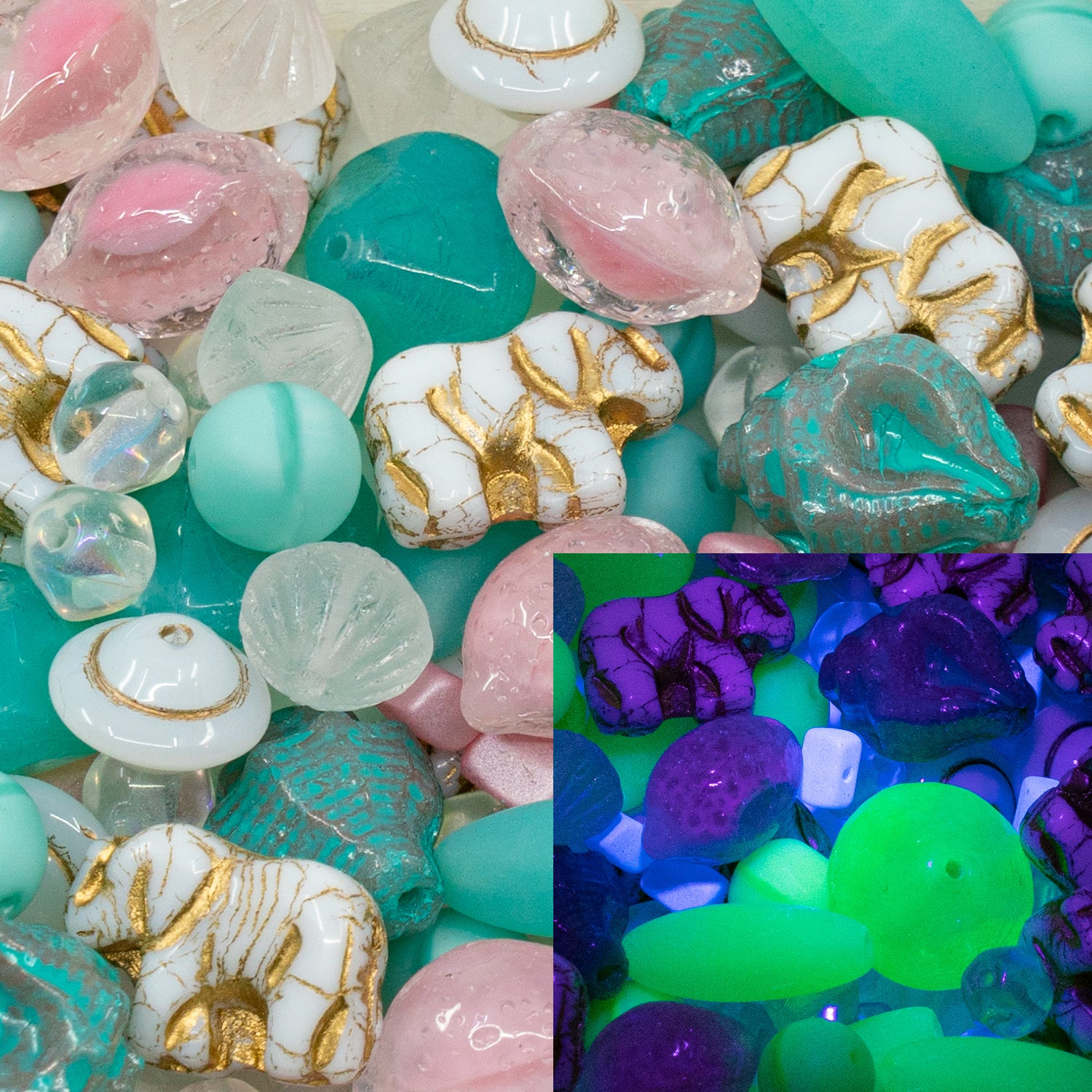 LIMITED Mix of Czech Glass Beads, UV active Turquoise and Pink