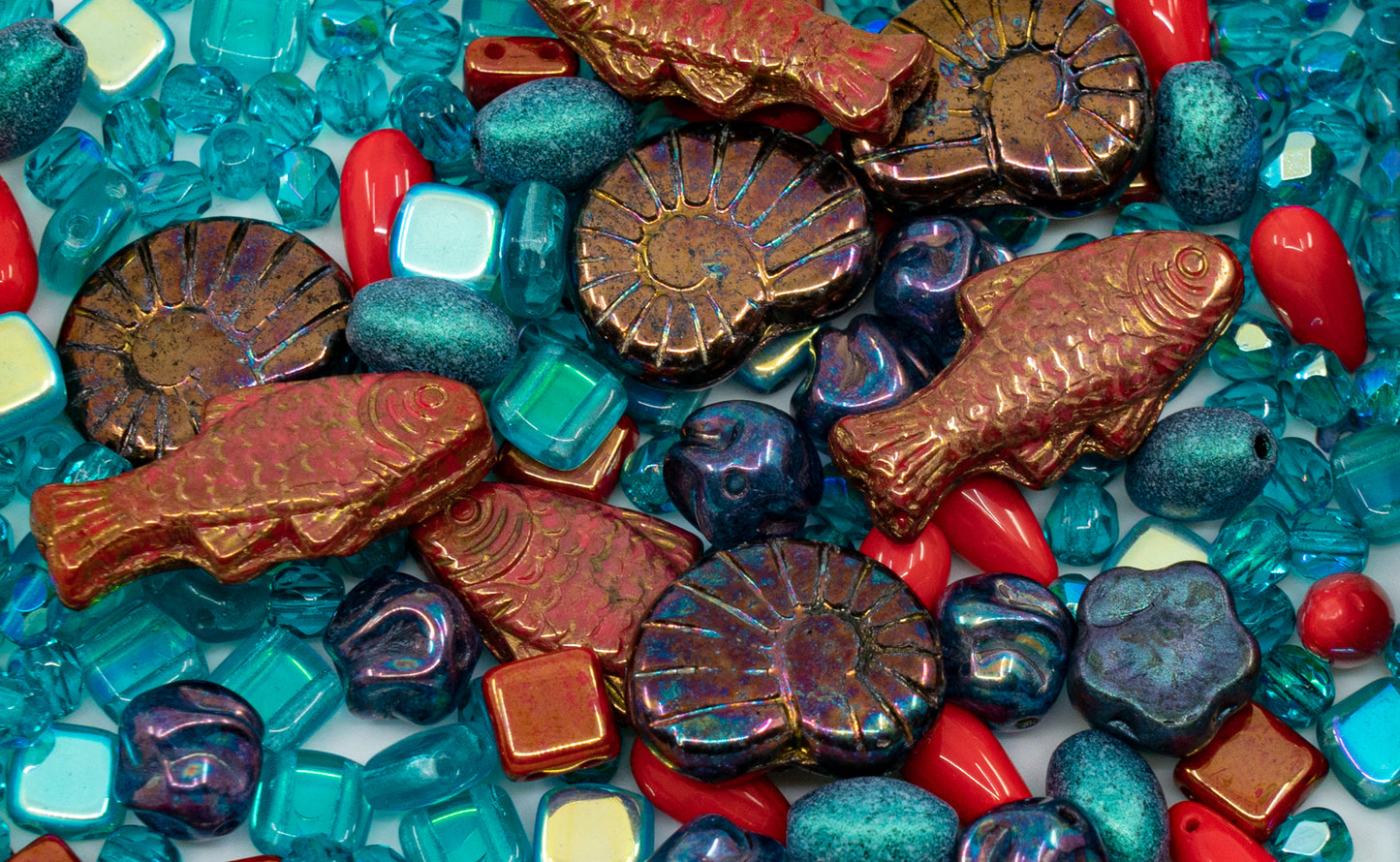 独特的捷克波西米亚玻璃压珠混合,哑光和光泽,手工制作,珊瑚红蓝色,玻璃,捷克共和国