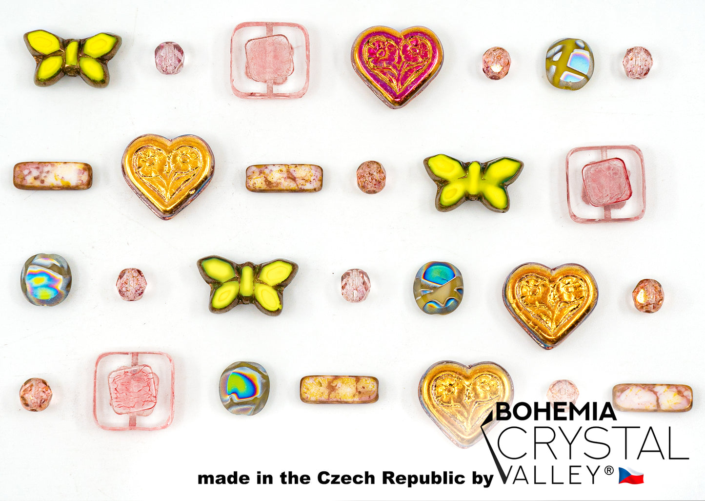 焦点玻璃珠与桌切花和蝴蝶珠的混合物,PG 淡绿色粉色