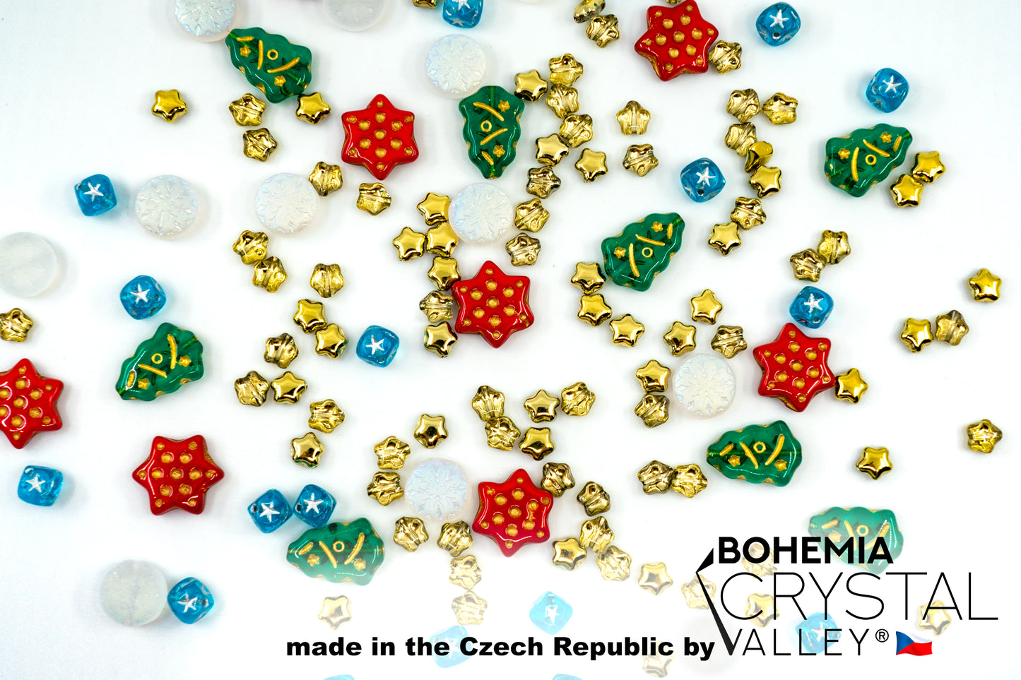 Christmas Glass Bead Mix with trees and stars, Green, Red, Gold, Silver Xmas