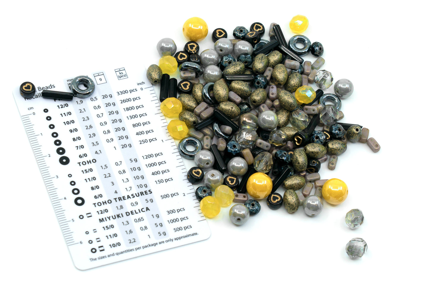 Mix of Unique Czech Bohemia Glass Pressed Beads, Matte and Glossy, Hand Made, Luster Gray Yellow