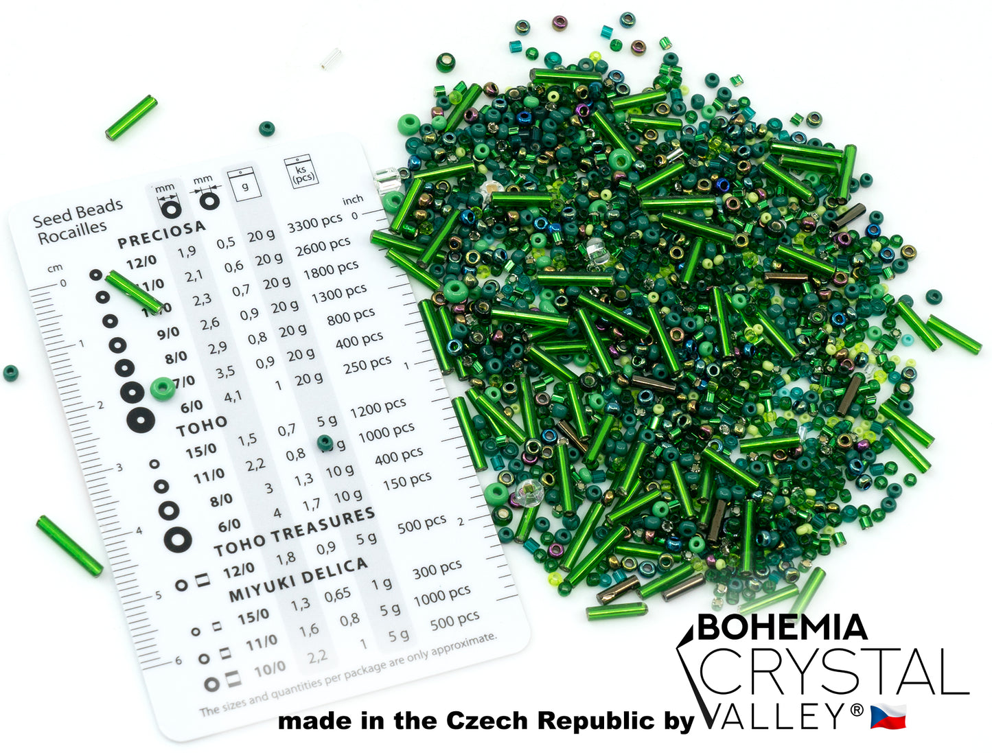 小さなロカイユ、シードビーズ、ビューグル 2-10mm プレシオサ・オルネラチェコガラスビーズ (20g)、グリーンロカイユミックス