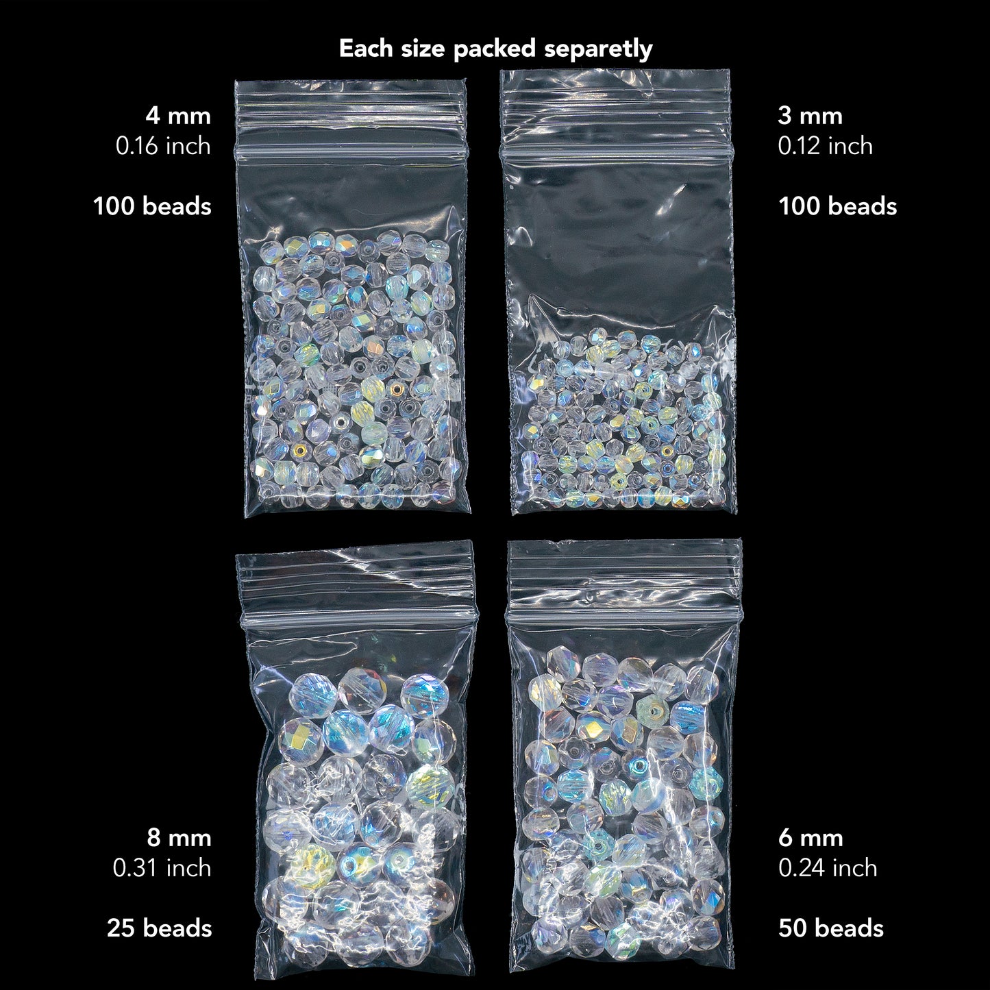 275 件套捷克刻面玻璃珠、火抛光圆形水晶 AB - 3 毫米(100 颗)、4 毫米(100 颗)、6 毫米(50 颗)、8 毫米(25 颗)珠宝制作套件