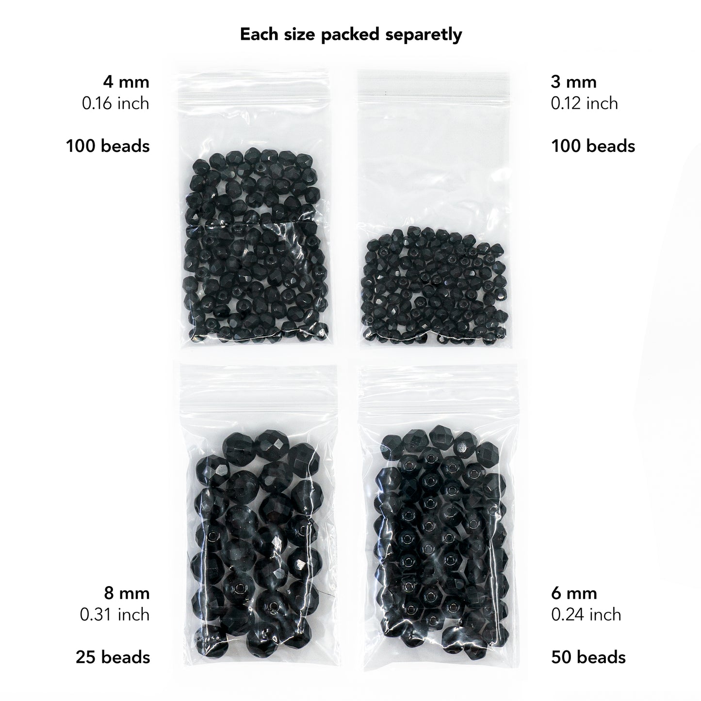 275 件套火抛光刻面捷克玻璃珠一种颜色 - 3 毫米、4 毫米、6 毫米、8 毫米(深黑色 23980)