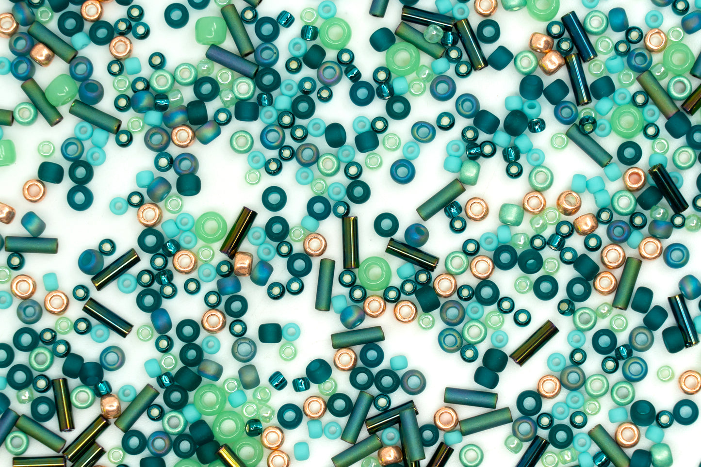 TOHO mix - small Rocailles, Seed Beads and Bugles, Japan, Mix Teal Gold (like 3222 - Tatsu Teal)