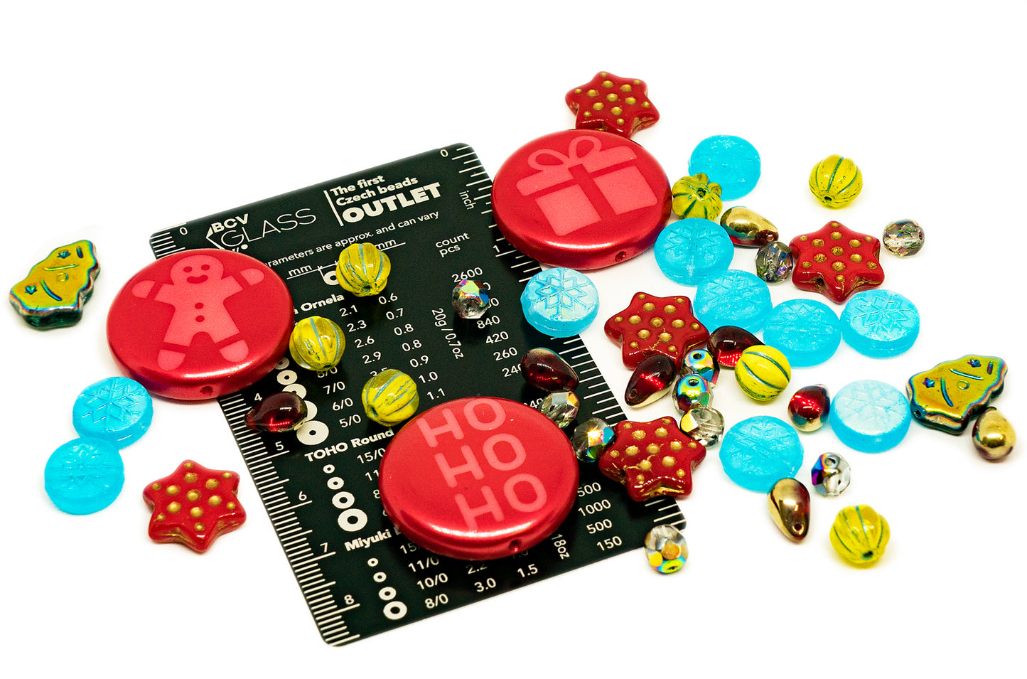 Christmas Czech Glass Bead Mix 2024 with trees, melons, snowflakes and faceted beads, Dark Green Yellow Xmas