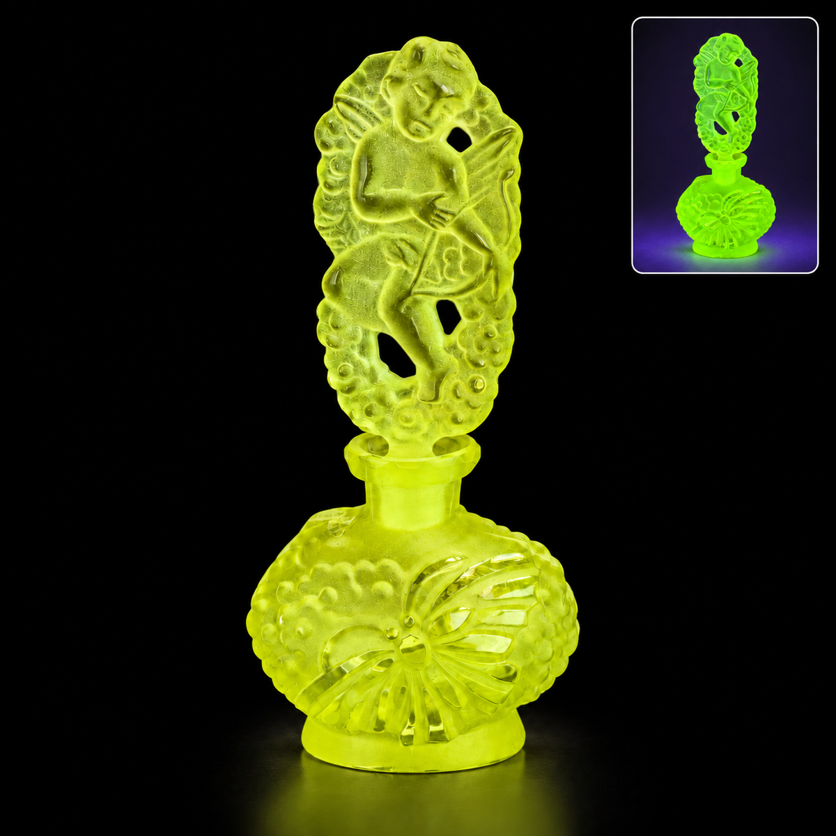 Vintage Uranium Glass Tableware (Glow under UV, No hot water) - Bottle with Angel Lid, Glass, Czech Republic