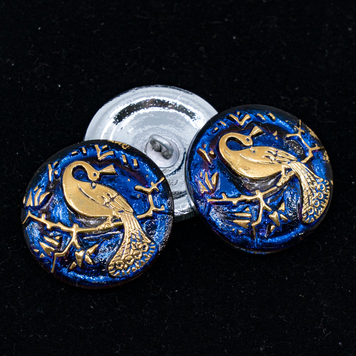 OUTLET 1 pcs Czech Glass Handmade Button, s10 x 22 mm, Peacock Bermuda Blue Gold (peacock-bermuda-blue-gold), Glass, Czech Republic