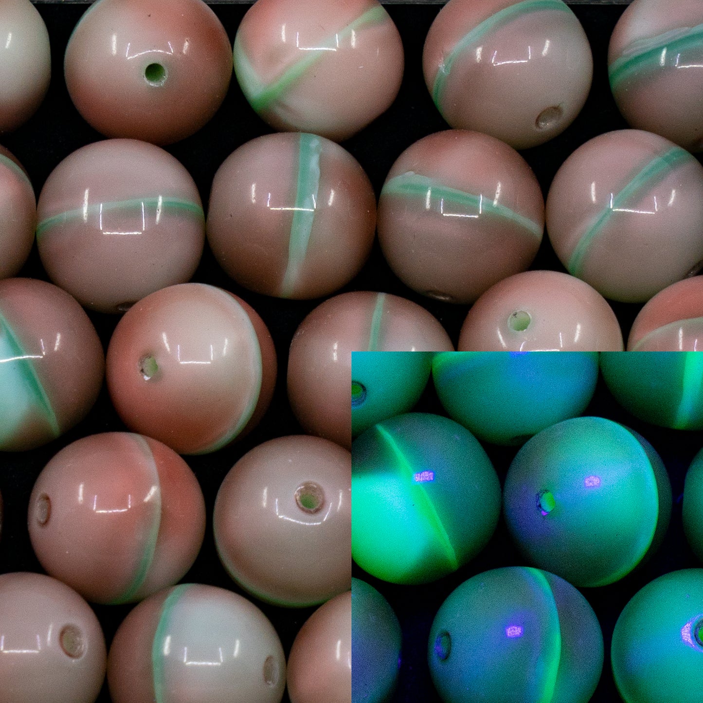 清仓 10克 圆形Druk珠,12 x 12毫米,混合粉绿铀(mixed-pink-green-uran),玻璃,捷克共和国