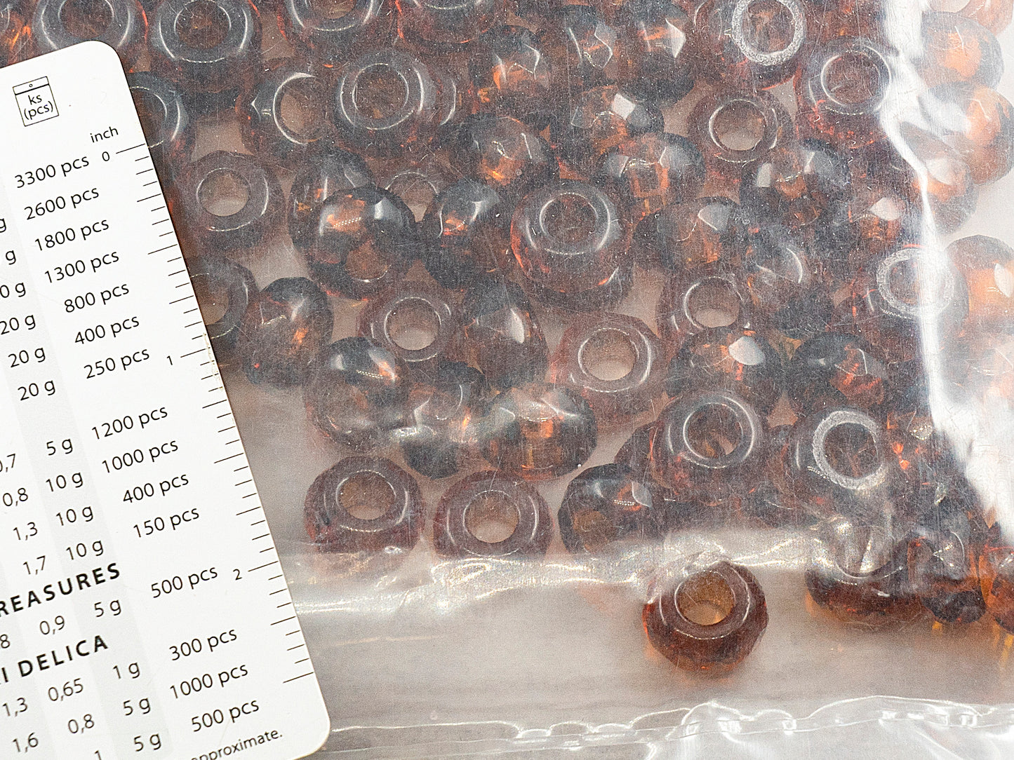 アウトレット 250g ファセット加工 ファイアポリッシュ ロンデルビーズ ラージホール付き ロンデル ラージホール、14 x 9 mm、透明ブラウン (10220)、ガラス、チェコ共和国