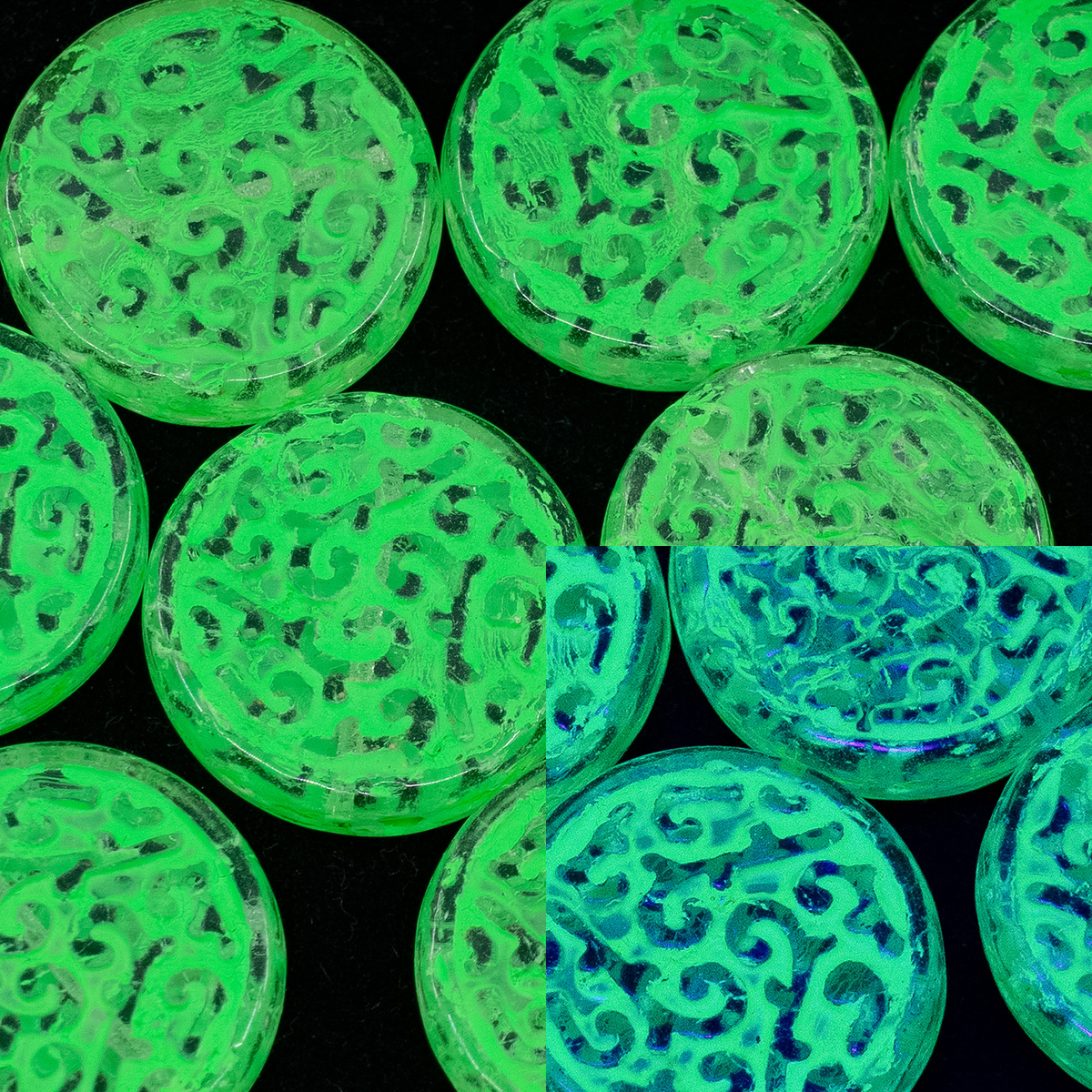 OUTLET 250g/50g Coin Ornament Pressed Beads, 20 x 20 mm, Crystal Green Neon Lined (00030-54153-neon), Glass, Czech Republic