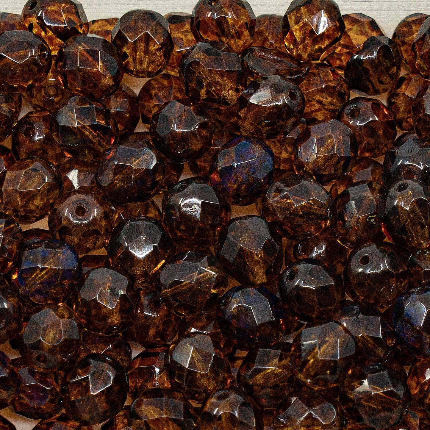 アウトレット ファセットラウンドファイアポリッシュビーズ、8 x 8 mm、透明ライトトパーズイエロートラバーチン(10020-86800)、ガラス、チェコ共和国