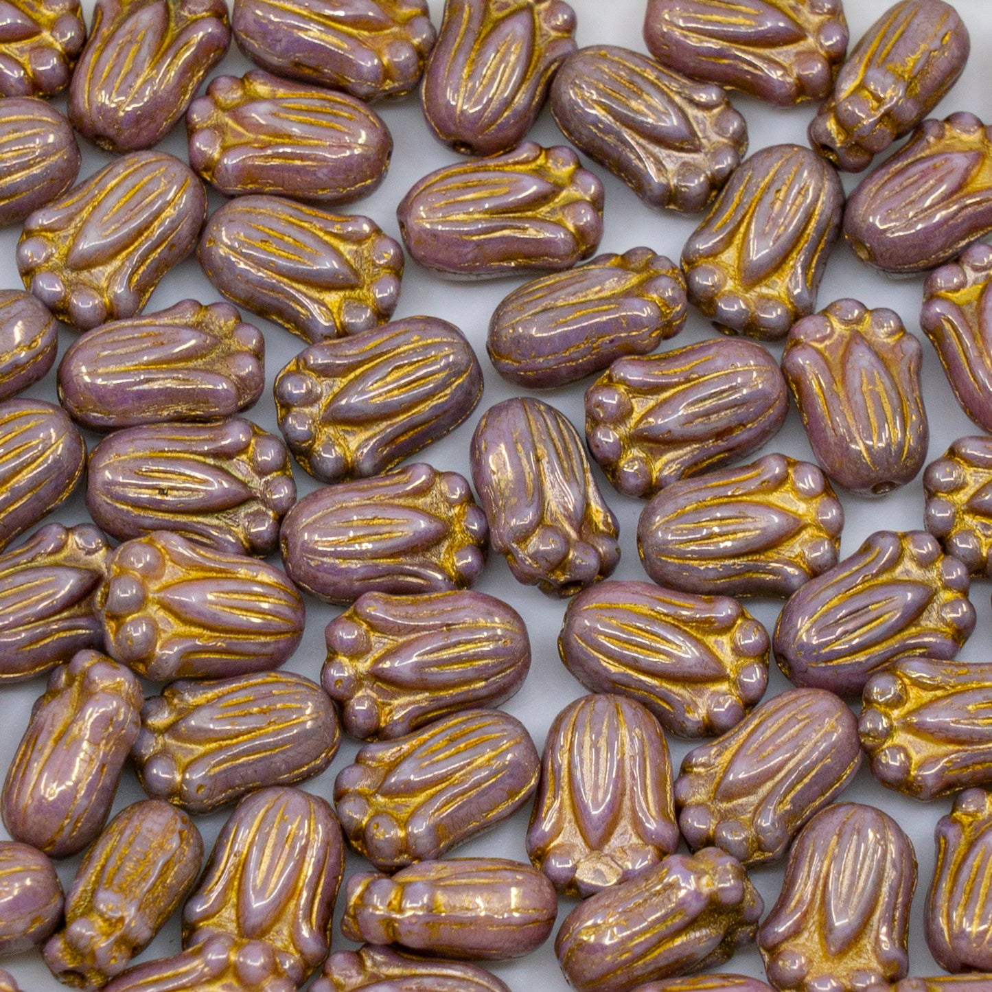 OUTLET 250g/50g Tulip Bud Beads, 10 x 7 mm, White Luster Violet Full Coated Gold Lined (02010-14496-54302), Glass, Czech Republic