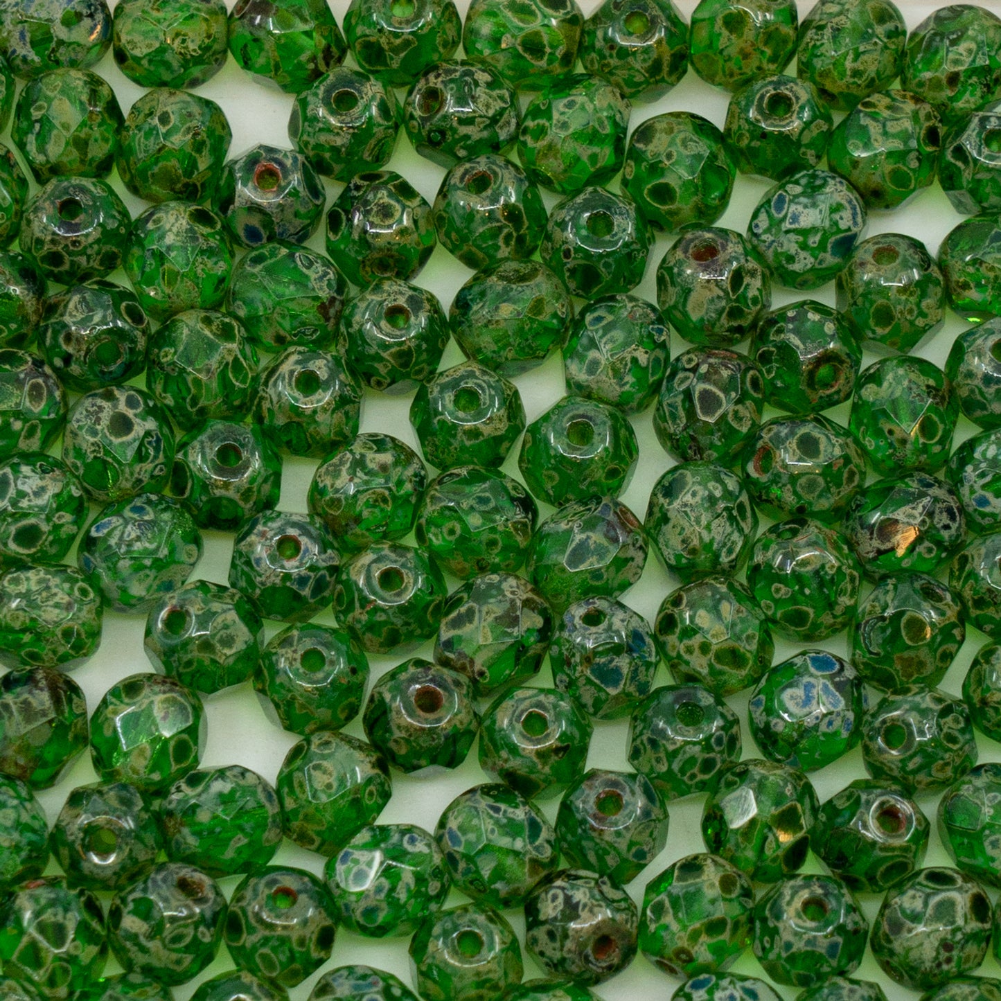 アウトレット(125g/250g)ファセットラウンドファイアポリッシュビーズ、エメラルドグリーントラバーチン(50120-86800)、ガラス、チェコ共和国