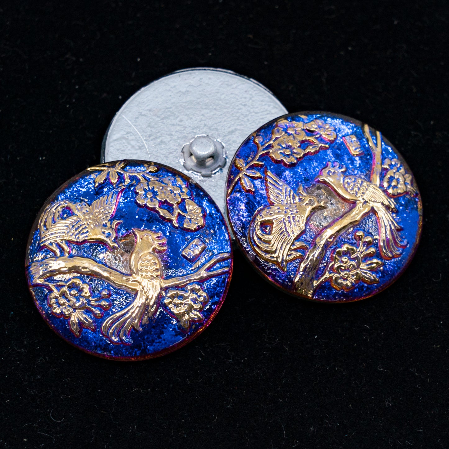 OUTLET 1 pcs Czech Glass Handmade Button, s12 x 27 mm, Birds Volcano Gold (birds-volcano-gold), Glass, Czech Republic
