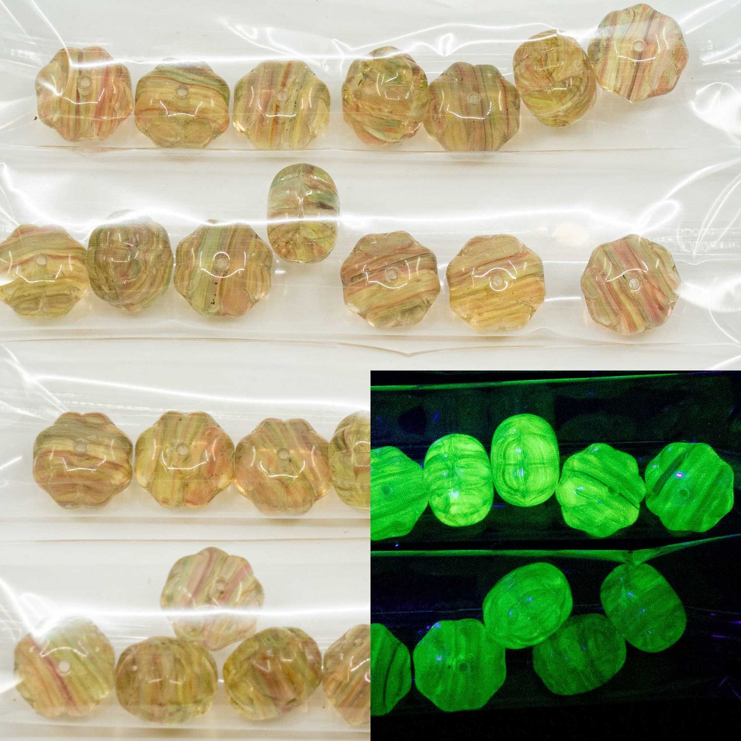 OUTLET 10 克南瓜珠,8 x 11 毫米,米色条纹乌兰(米色条纹乌兰),玻璃,捷克共和国