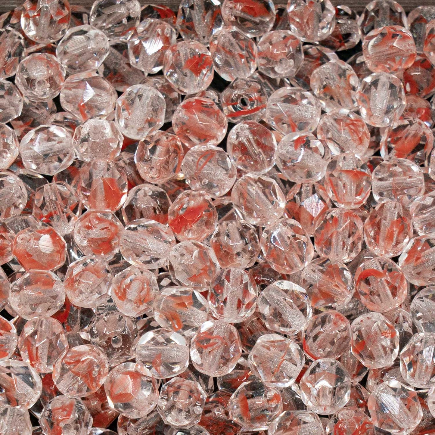 アウトレット 250g ファセットラウンドファイアポリッシュビーズ、6 x 6 mm、レッドストライプクリスタル(00030-81800)、ガラス、チェコ共和国