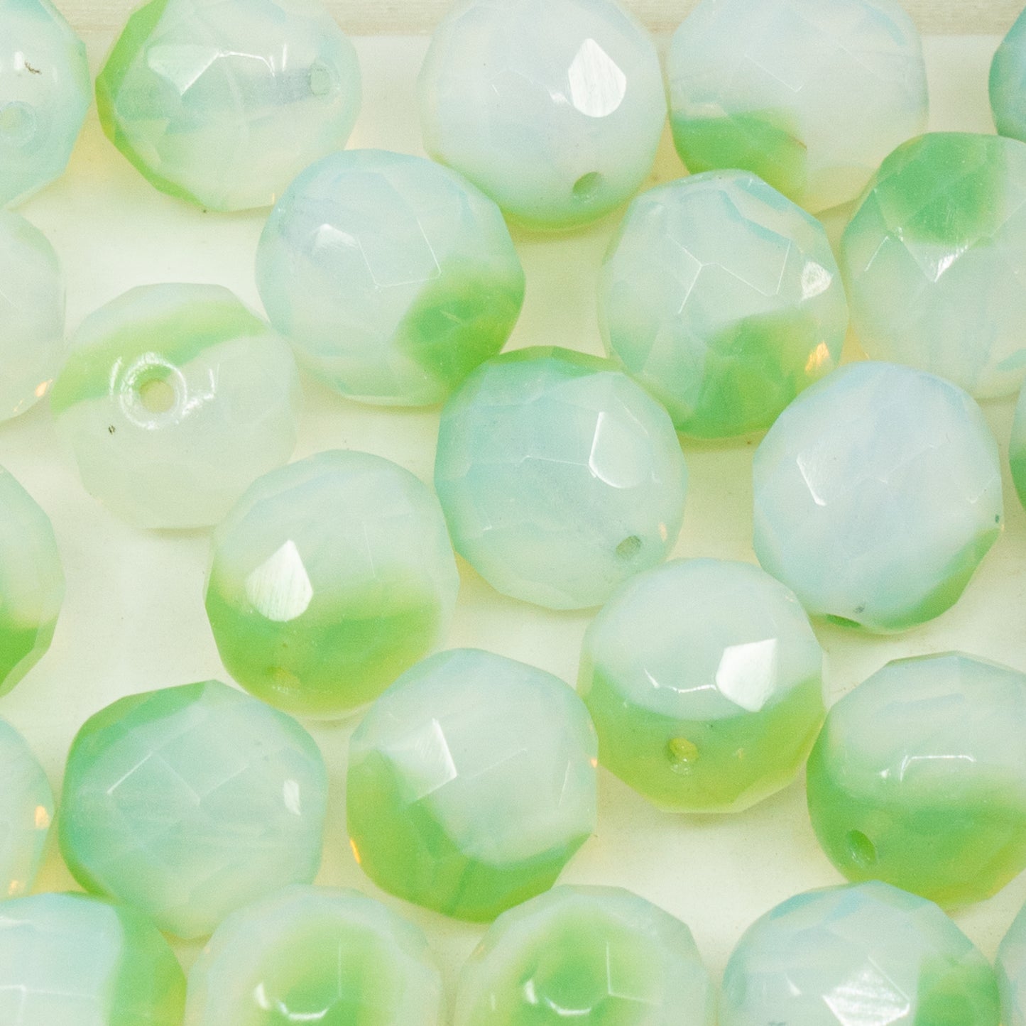 OUTLET 10 grams Faceted Round Fire Polished Beads, 12 x 12 mm, White Green (white-green), Glass, Czech Republic