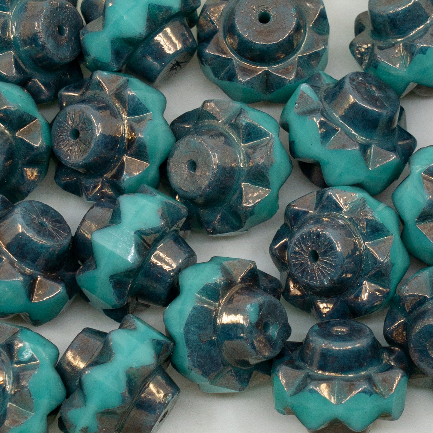 アウトレット 10グラム ファセットスペシャルカットビーズ、13 x 15 mm、ターコイズブロンズ(63120-14415)、ガラス、チェコ共和国