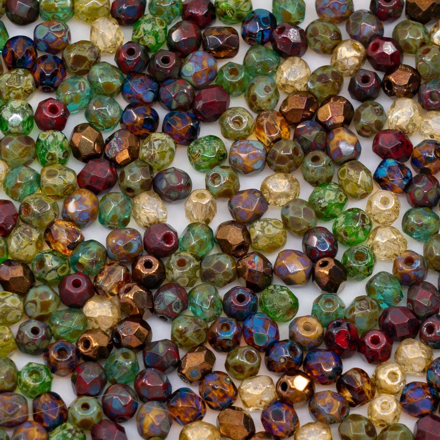 OUTLET 250g/50g Faceted Round Fire Polished Beads, 4 x 4 mm, Travertin Mixed Colors (travertin-mix), Glass, Czech Republic