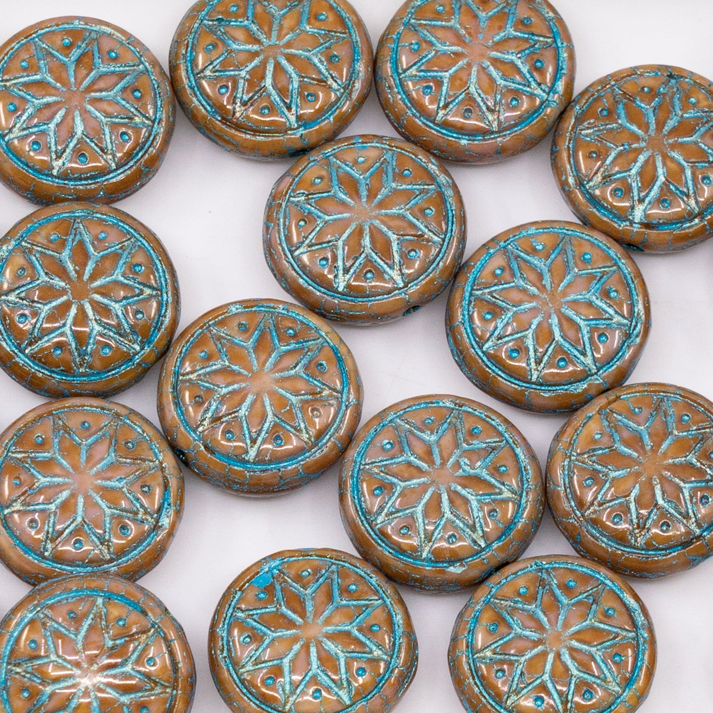OUTLET 50 grams Pressed Round Beads with Star Ornament, 13 x 13 mm, Opaque Pink Travertin Light Blue Lined (74010-86800-43811), Glass, Czech Republic