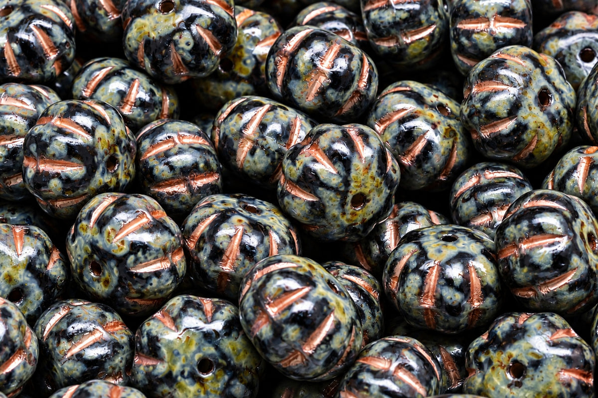 Pumpkin Beads, Black Travertin Copper Lined (23980-86800-54307), Glass, Czech Republic