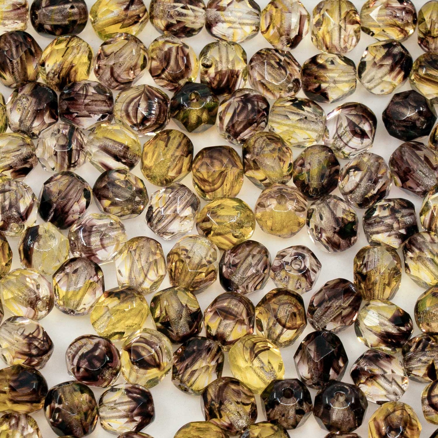 OUTLET 250 克刻面圆形火抛光珠,6 x 6 毫米,托帕石棕色条纹 (00030-81800),玻璃,捷克共和国