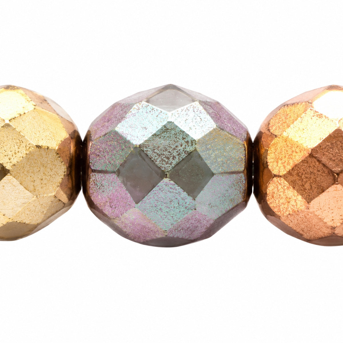 Faceted Round Fire Polished Beads, Crystal Yellow Gold Metallic Iris (00030-01620), Glass, Czech Republic