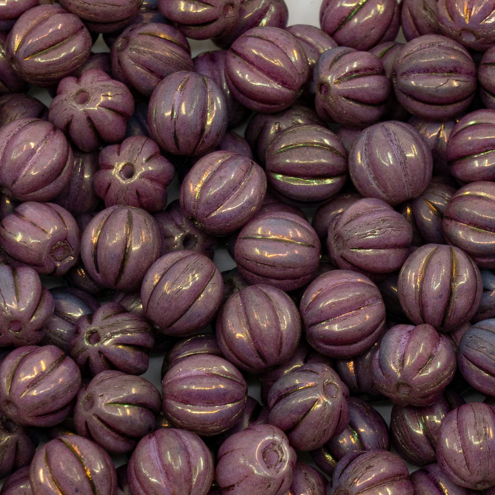 アウトレット 250g メロンビーズ、8 x 8 mm、ホワイトラスターバイオレットフルコーティングB(02010-14496-B)、ガラス、チェコ共和国