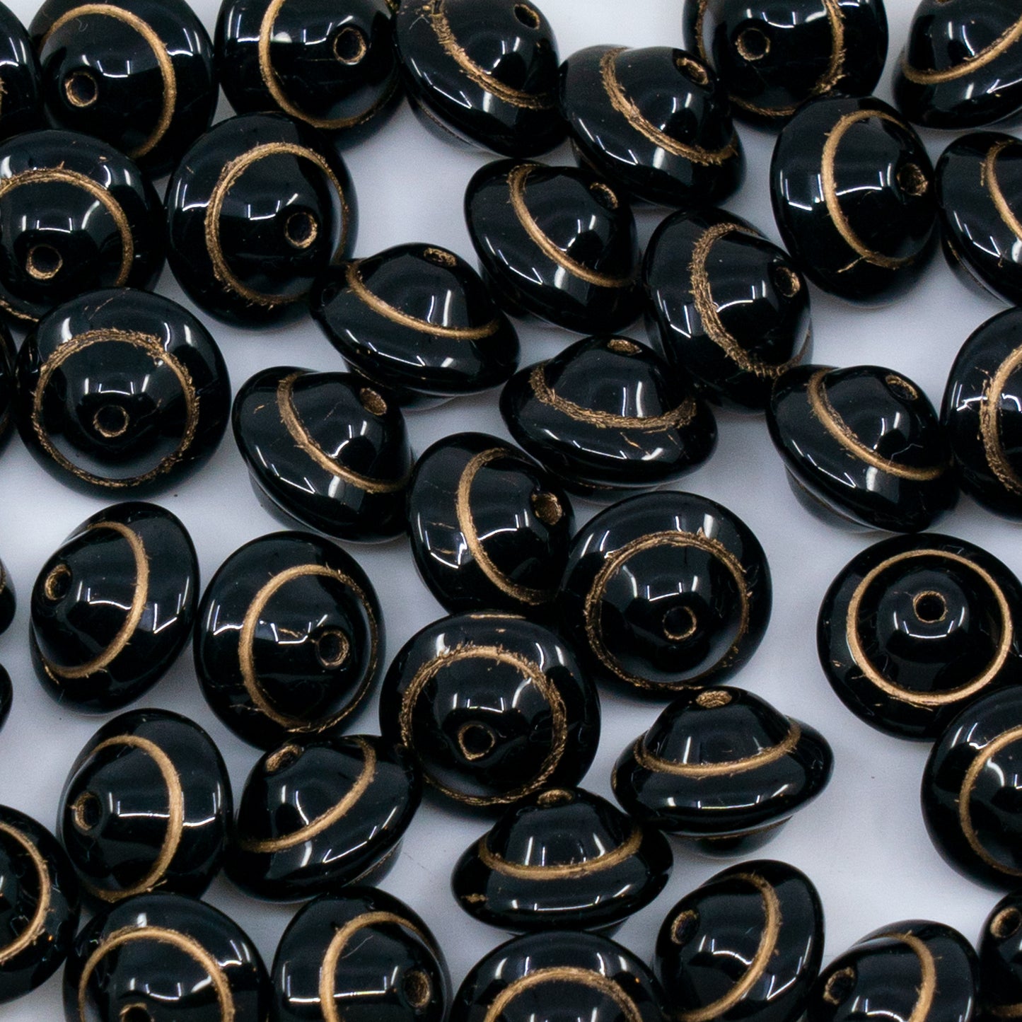 OUTLET 10 grams Pressed Space Disc Round Beads, 10 x 10 mm, Black Gold Lined (23980-54302), Glass, Czech Republic