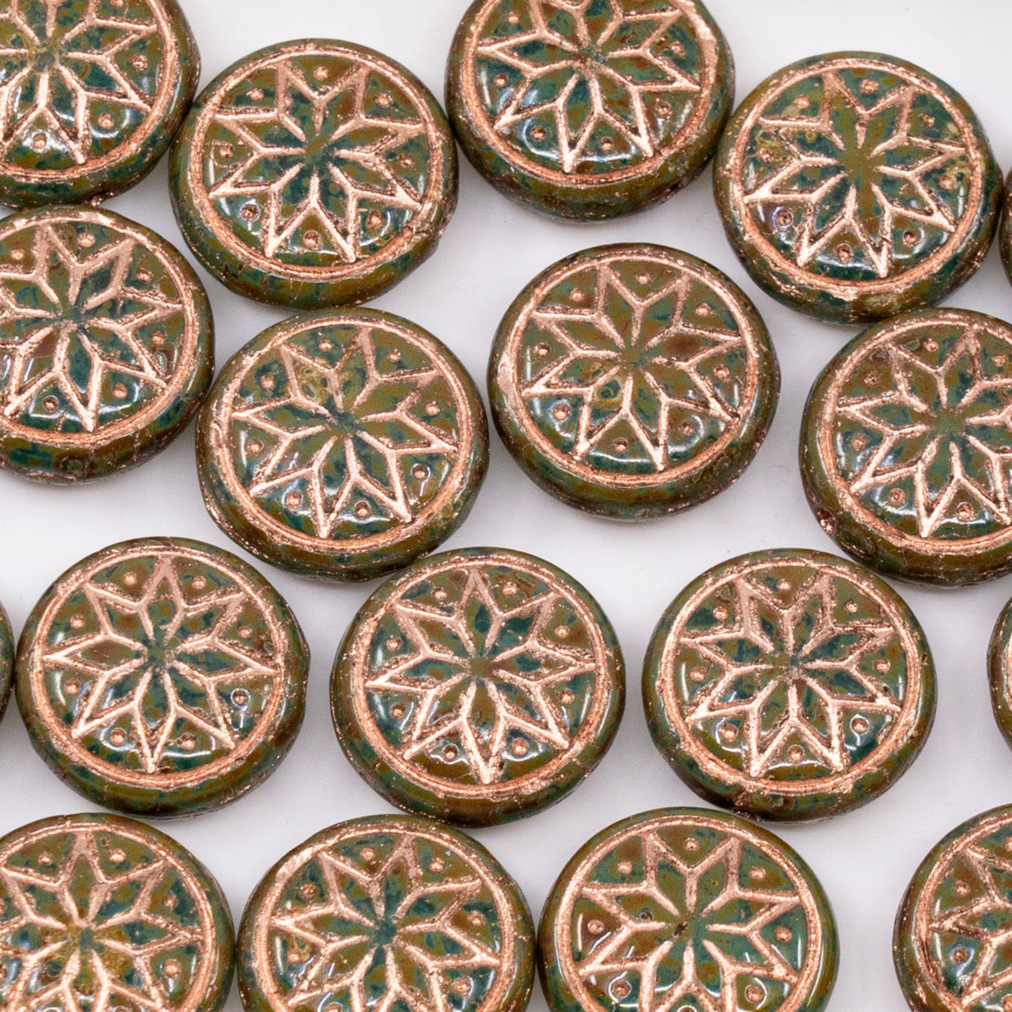 OUTLET 50 grams Pressed Round Beads with Star Ornament, 13 x 13 mm, Transparent Aqua Travertin Copper Lined (60010-86800-54307), Glass, Czech Republic